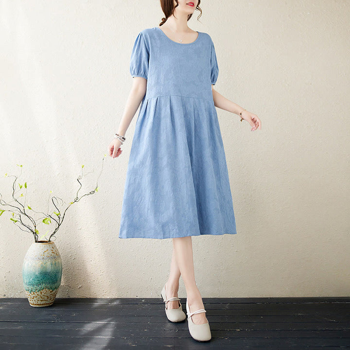 Buddha Stones Casual Solid Color Jacquard Crew Neck Short Puff Sleeve Cotton Linen Midi Dress