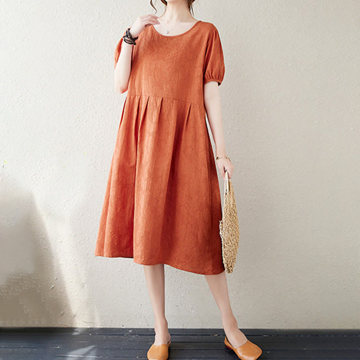 Buddha Stones Casual Solid Color Jacquard Crew Neck Short Puff Sleeve Cotton Linen Midi Dress