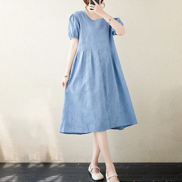 Buddha Stones Casual Solid Color Jacquard Crew Neck Short Puff Sleeve Cotton Linen Midi Dress - image 19