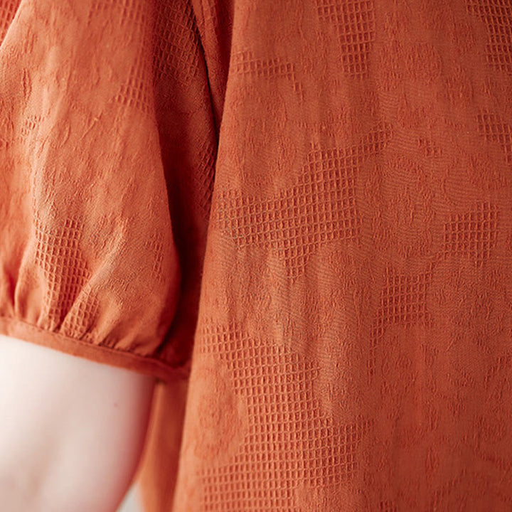 Buddha Stones Casual Solid Color Jacquard Crew Neck Short Puff Sleeve Cotton Linen Midi Dress - image 7