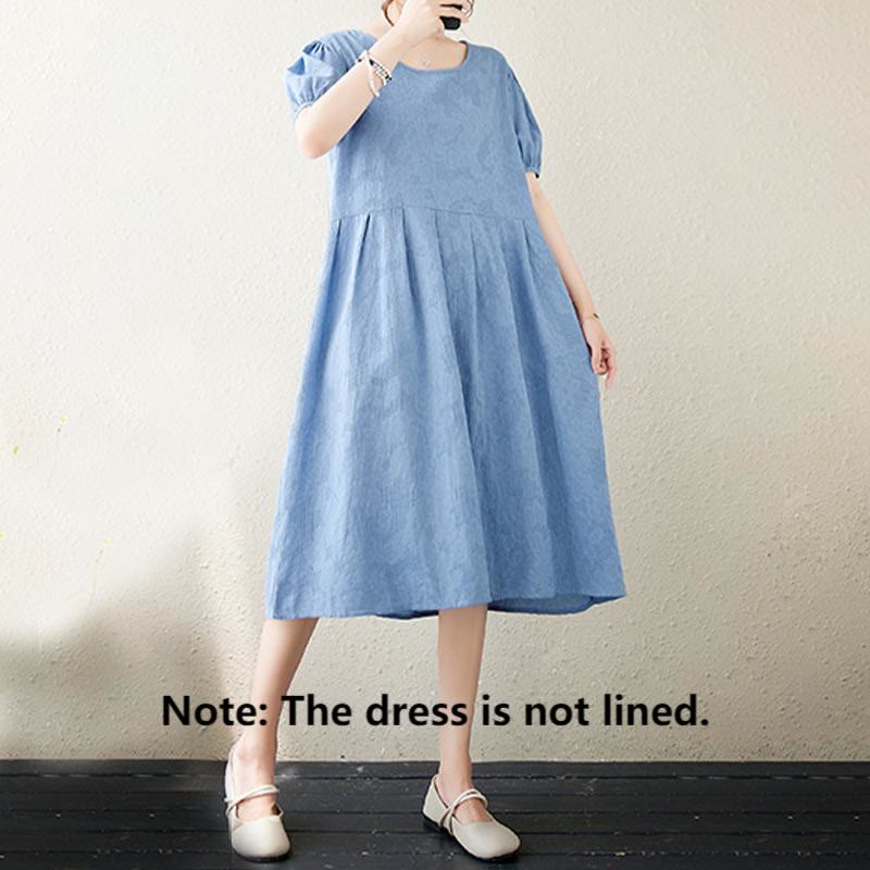 Buddha Stones Casual Solid Color Jacquard Crew Neck Short Puff Sleeve Cotton Linen Midi Dress
