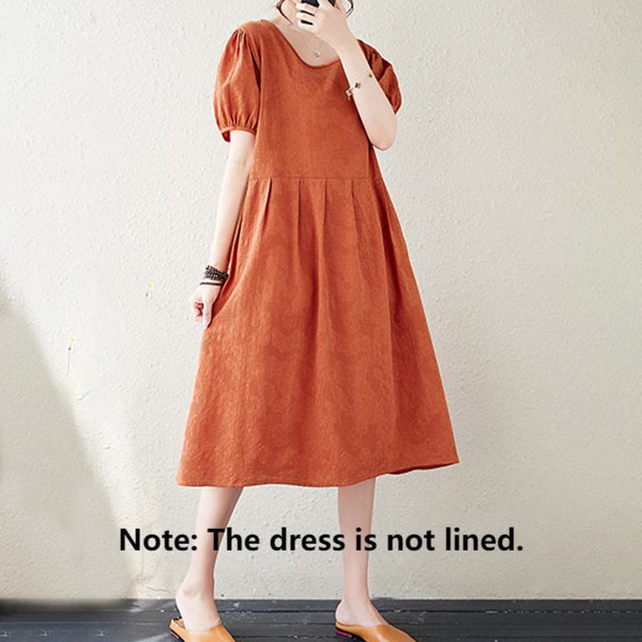 Buddha Stones Casual Solid Color Jacquard Crew Neck Short Puff Sleeve Cotton Linen Midi Dress