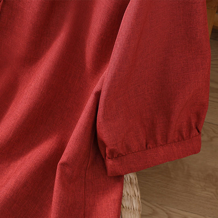 Buddha Stones Plain Button Crew Neck Design Women's Cotton Linen Three Quarter Sleeve Shirt