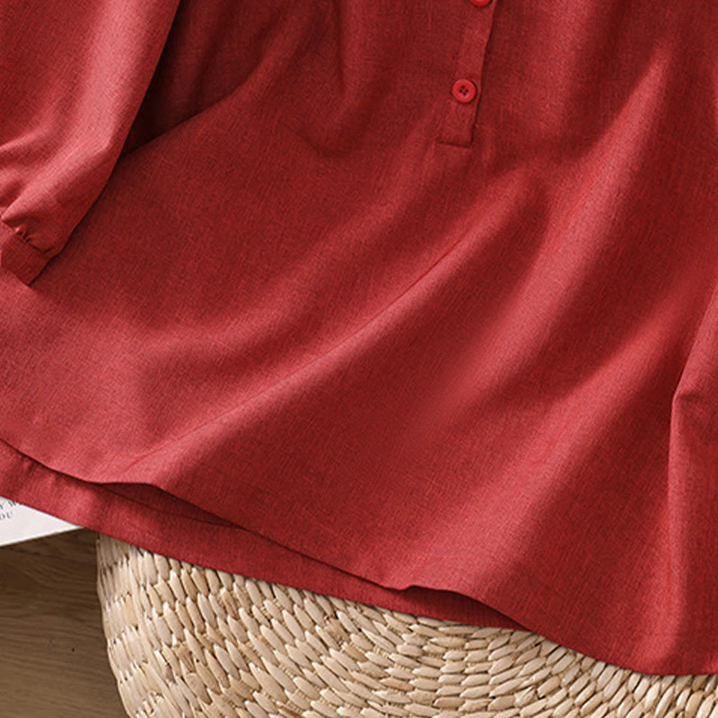 Buddha Stones Plain Button Crew Neck Design Women's Cotton Linen Three Quarter Sleeve Shirt