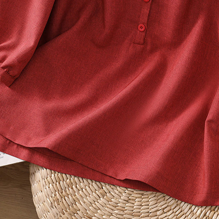 Buddha Stones Plain Button Crew Neck Design Women's Cotton Linen Three Quarter Sleeve Shirt