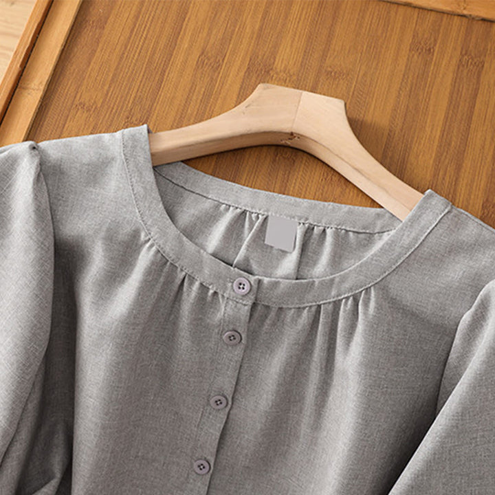 Buddha Stones Plain Button Crew Neck Design Women's Cotton Linen Three Quarter Sleeve Shirt