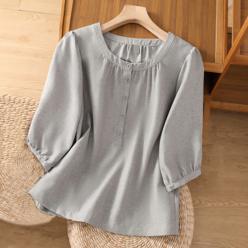 Buddha Stones Plain Button Crew Neck Design Women's Cotton Linen Three Quarter Sleeve Shirt