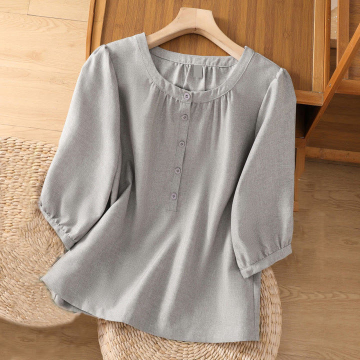 Buddha Stones Plain Button Crew Neck Design Women's Cotton Linen Three Quarter Sleeve Shirt