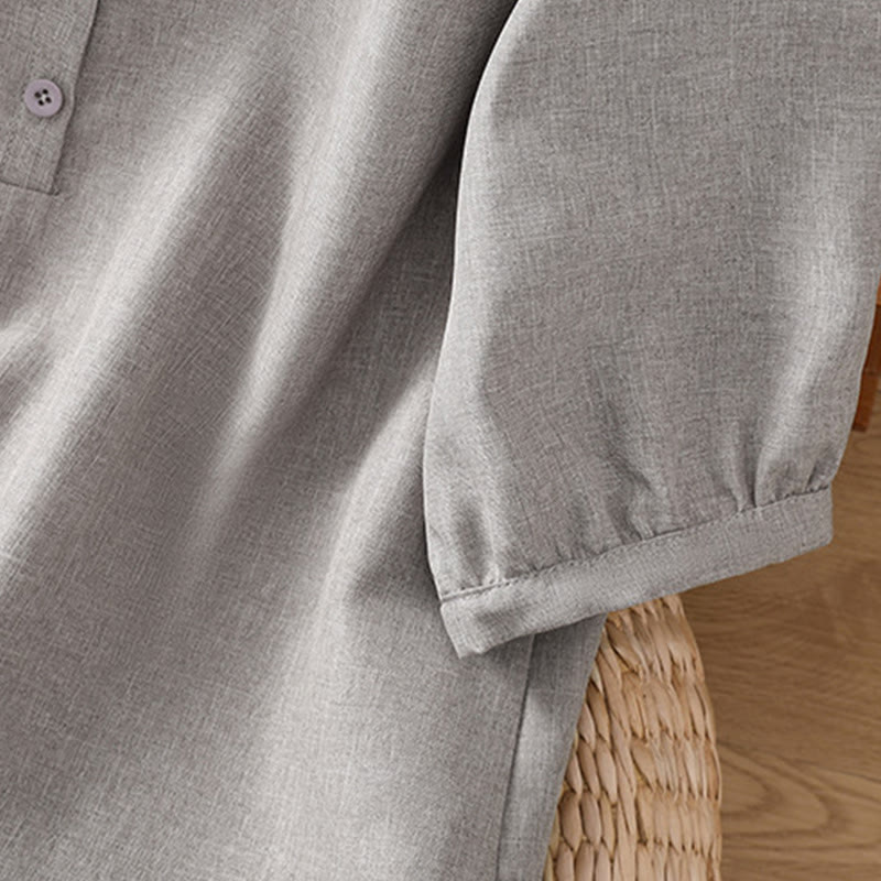 Buddha Stones Plain Button Crew Neck Design Women's Cotton Linen Three Quarter Sleeve Shirt