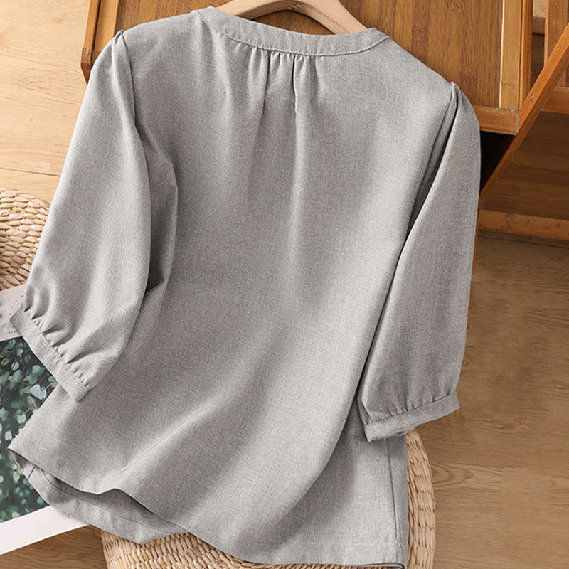 Buddha Stones Plain Button Crew Neck Design Women's Cotton Linen Three Quarter Sleeve Shirt