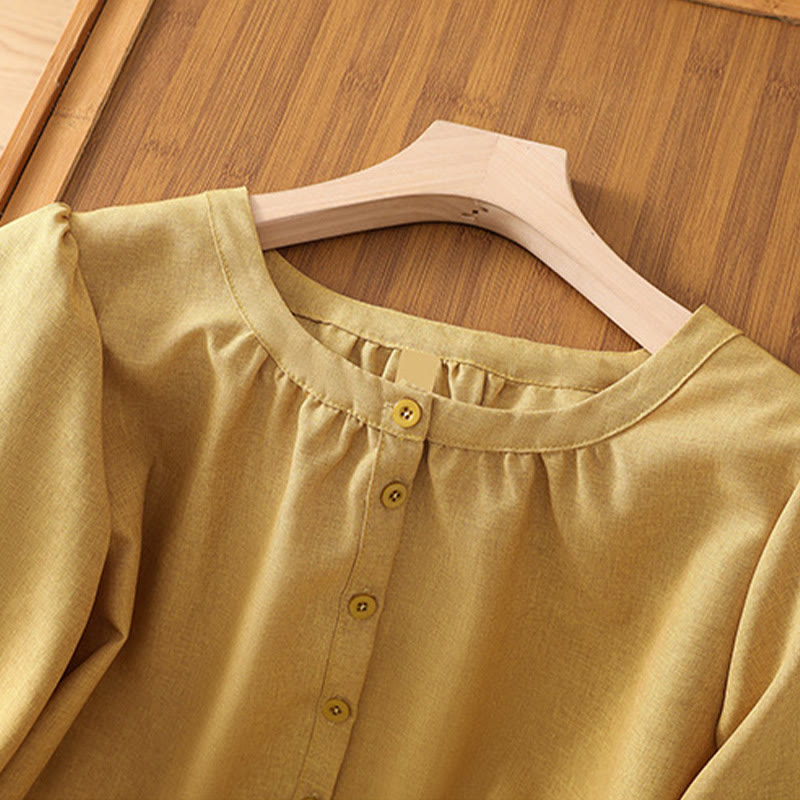 Buddha Stones Plain Button Crew Neck Design Women's Cotton Linen Three Quarter Sleeve Shirt