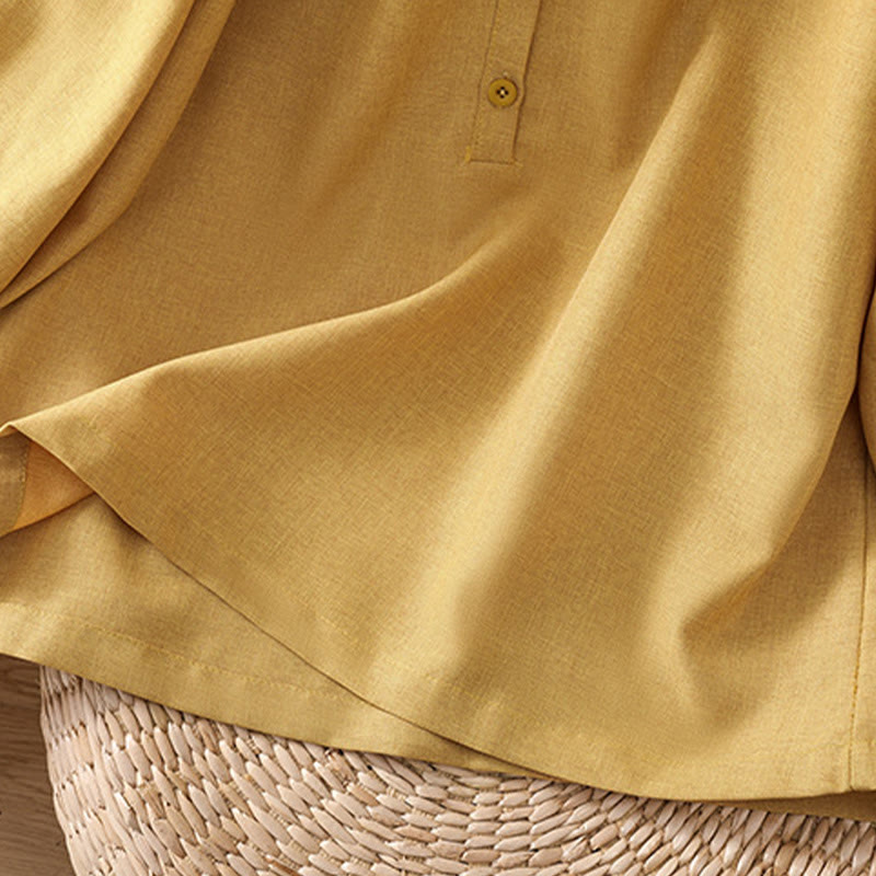 Buddha Stones Plain Button Crew Neck Design Women's Cotton Linen Three Quarter Sleeve Shirt