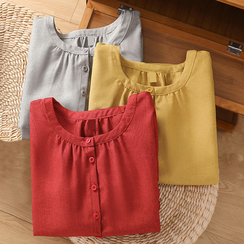 Buddha Stones Plain Button Crew Neck Design Women's Cotton Linen Three Quarter Sleeve Shirt