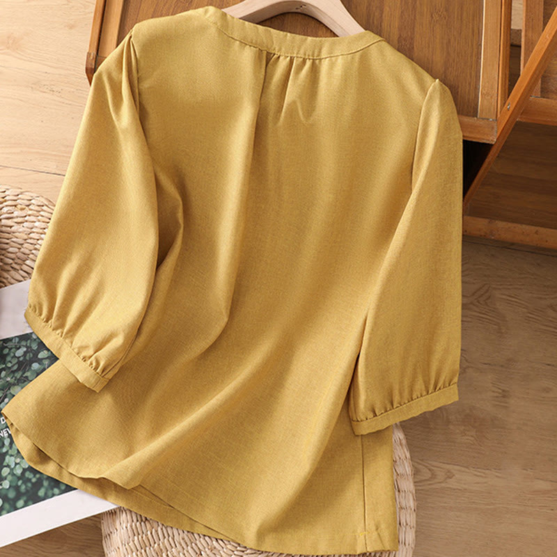 Buddha Stones Plain Button Crew Neck Design Women's Cotton Linen Three Quarter Sleeve Shirt