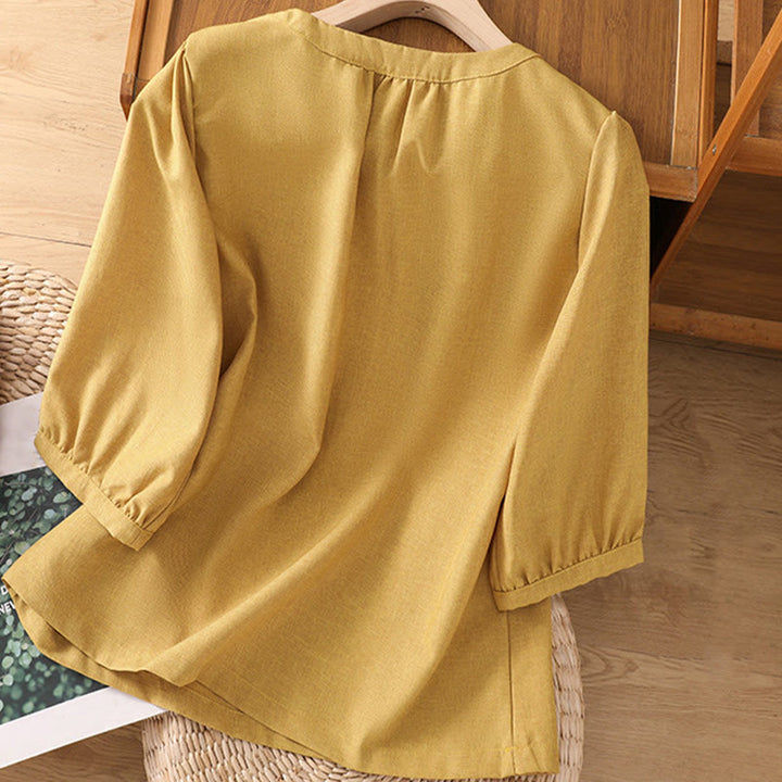 Buddha Stones Plain Button Crew Neck Design Women's Cotton Linen Three Quarter Sleeve Shirt