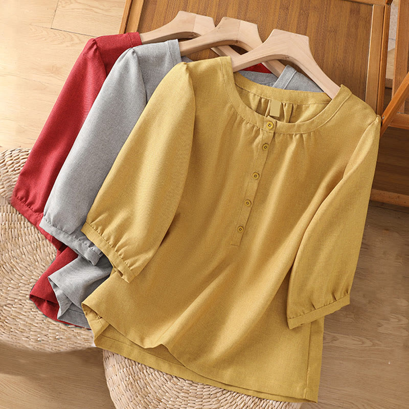Buddha Stones Plain Button Crew Neck Design Women's Cotton Linen Three Quarter Sleeve Shirt