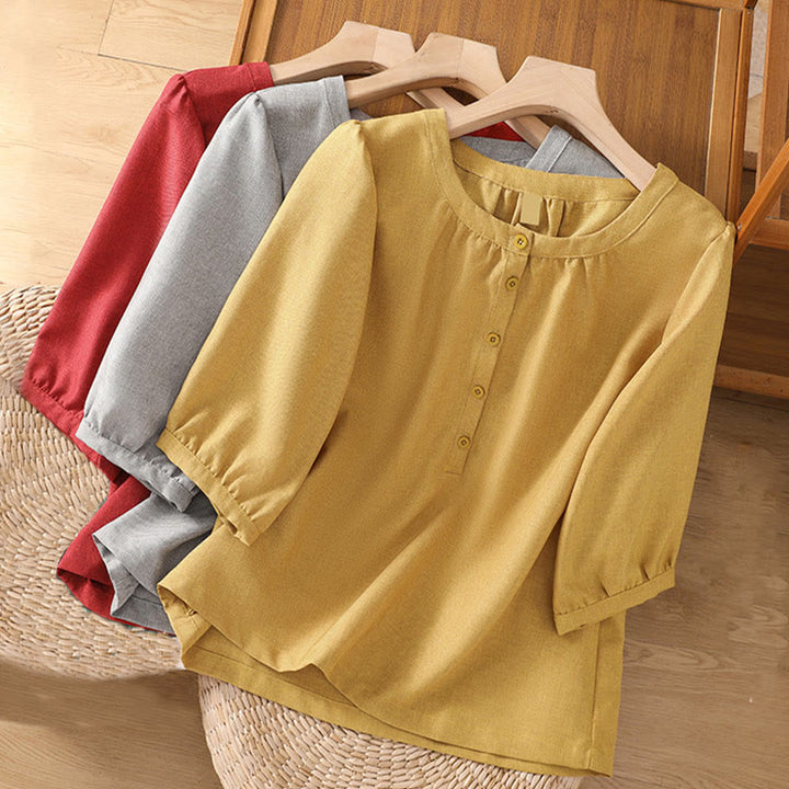 Buddha Stones Plain Button Crew Neck Design Women's Cotton Linen Three Quarter Sleeve Shirt
