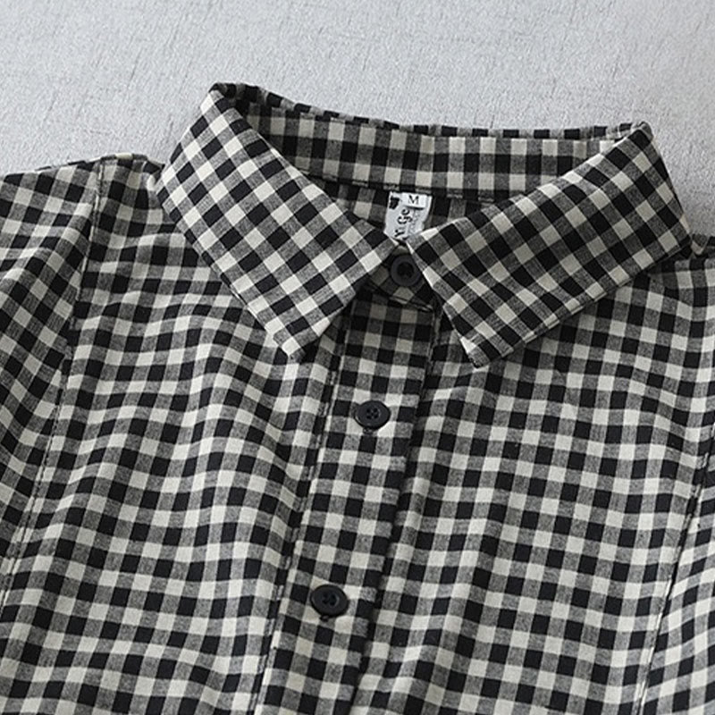 Buddha Stones Casual Vintage Plaid Pattern Lapel Short Sleeve Cotton Midi Dress With Pockets - image 2