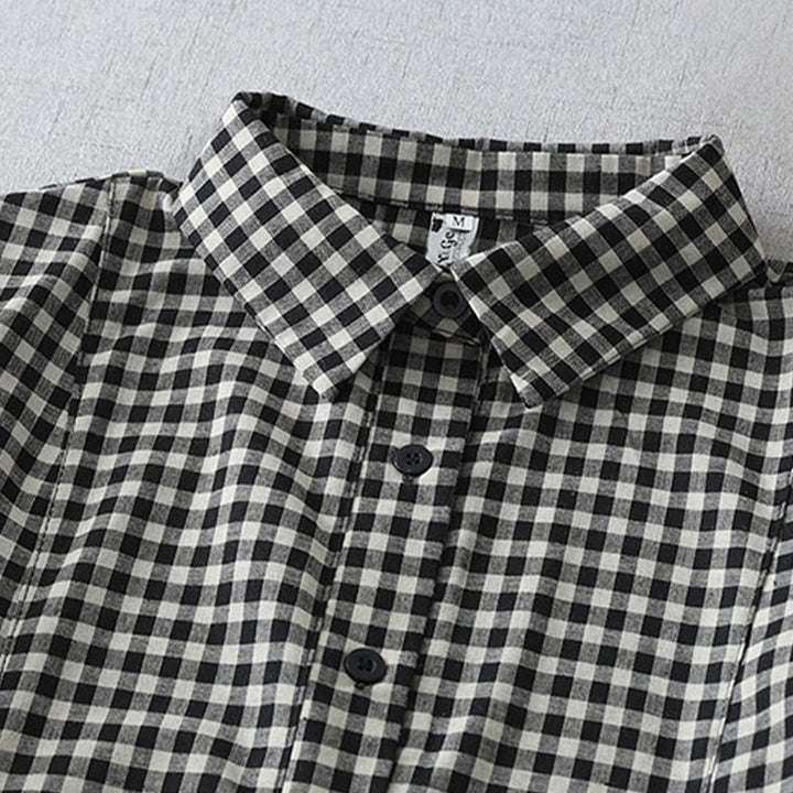 Buddha Stones Casual Vintage Plaid Pattern Lapel Short Sleeve Cotton Midi Dress With Pockets - image 2