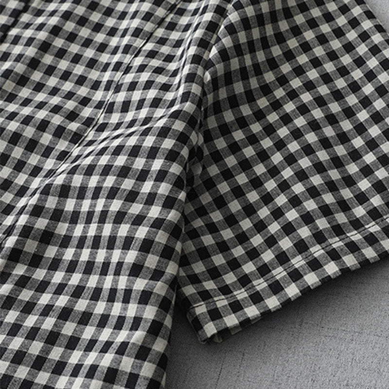 Buddha Stones Casual Vintage Plaid Pattern Lapel Short Sleeve Cotton Midi Dress With Pockets - image 4