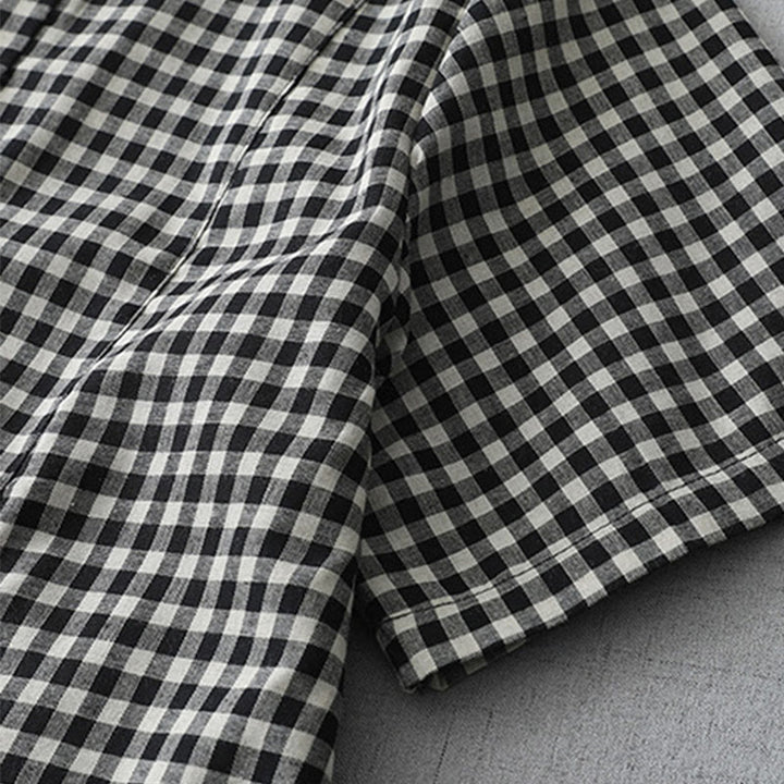 Buddha Stones Casual Vintage Plaid Pattern Lapel Short Sleeve Cotton Midi Dress With Pockets - image 4