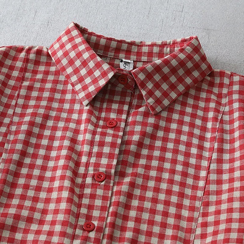 Buddha Stones Casual Vintage Plaid Pattern Lapel Short Sleeve Cotton Midi Dress With Pockets - image 8