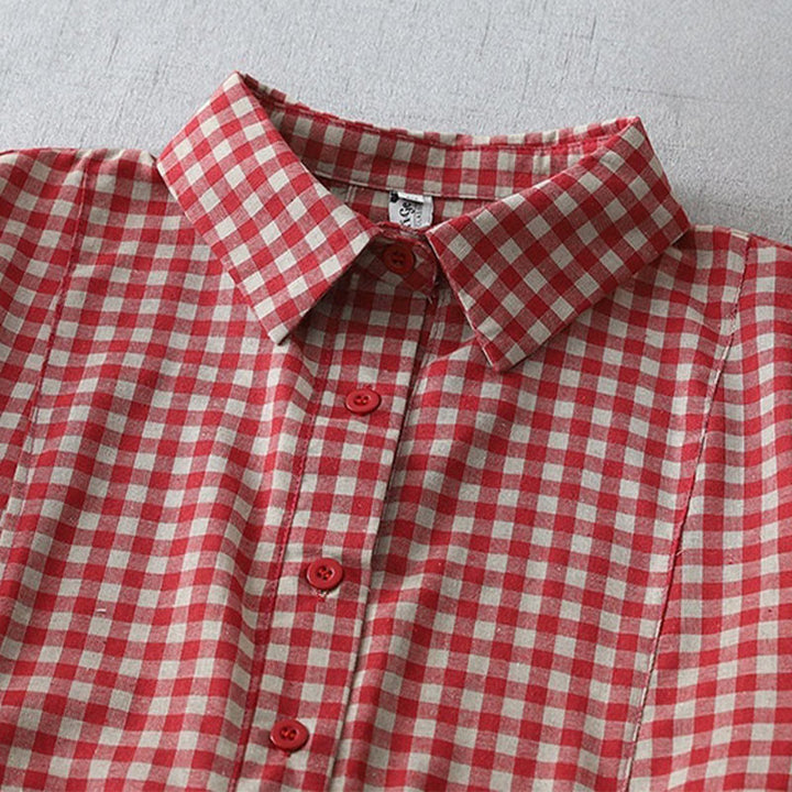 Buddha Stones Casual Vintage Plaid Pattern Lapel Short Sleeve Cotton Midi Dress With Pockets - image 8