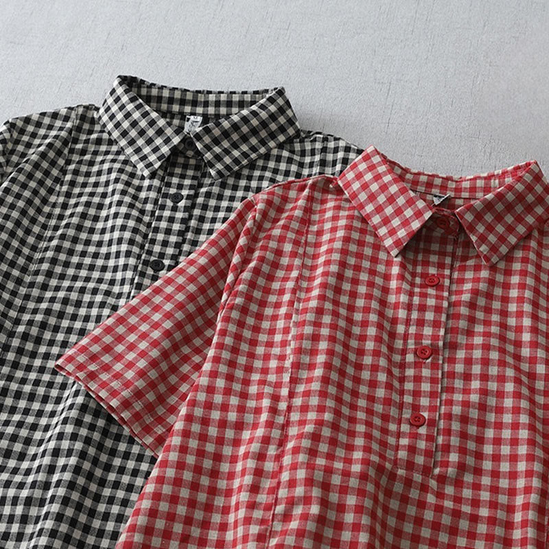 Buddha Stones Casual Vintage Plaid Pattern Lapel Short Sleeve Cotton Midi Dress With Pockets - image 16