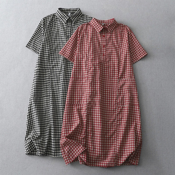 Buddha Stones Casual Vintage Plaid Pattern Lapel Short Sleeve Cotton Midi Dress With Pockets - image 15