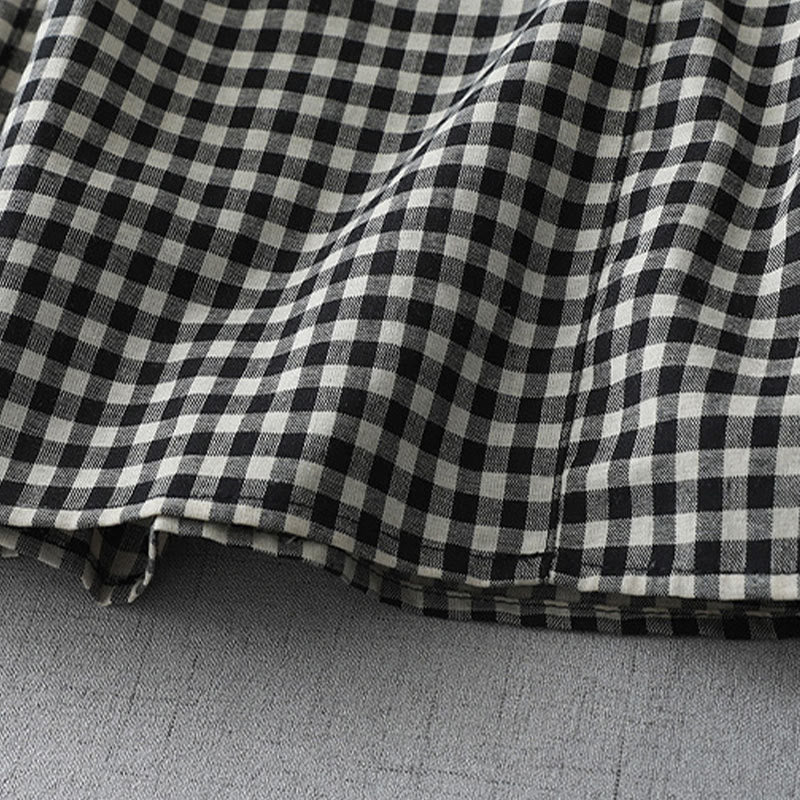 Buddha Stones Casual Vintage Plaid Pattern Lapel Short Sleeve Cotton Midi Dress With Pockets - image 5