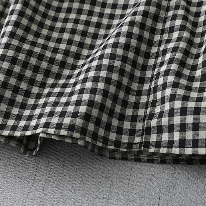 Buddha Stones Casual Vintage Plaid Pattern Lapel Short Sleeve Cotton Midi Dress With Pockets - image 5