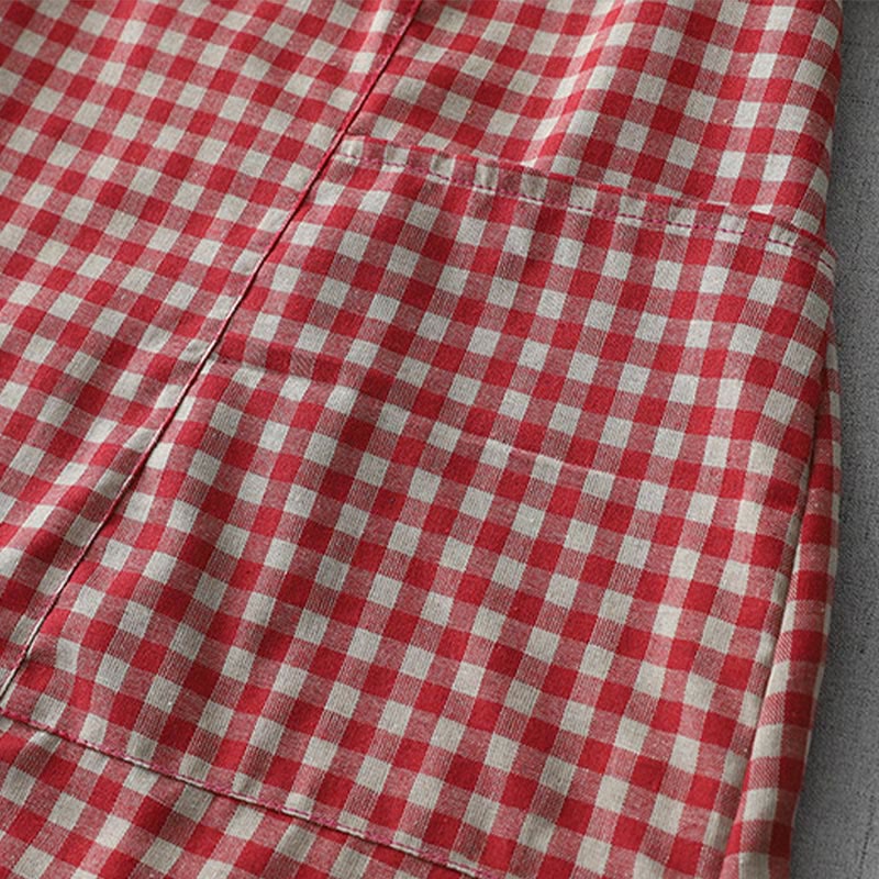 Buddha Stones Casual Vintage Plaid Pattern Lapel Short Sleeve Cotton Midi Dress With Pockets - image 12