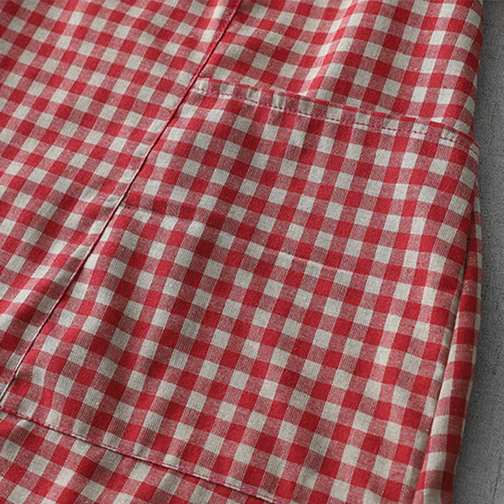 Buddha Stones Casual Vintage Plaid Pattern Lapel Short Sleeve Cotton Midi Dress With Pockets - image 12