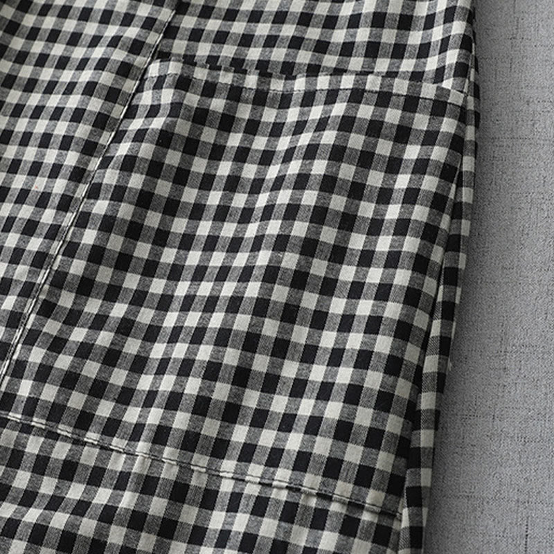 Buddha Stones Casual Vintage Plaid Pattern Lapel Short Sleeve Cotton Midi Dress With Pockets - image 3