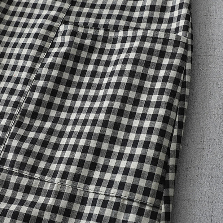 Buddha Stones Casual Vintage Plaid Pattern Lapel Short Sleeve Cotton Midi Dress With Pockets - image 3