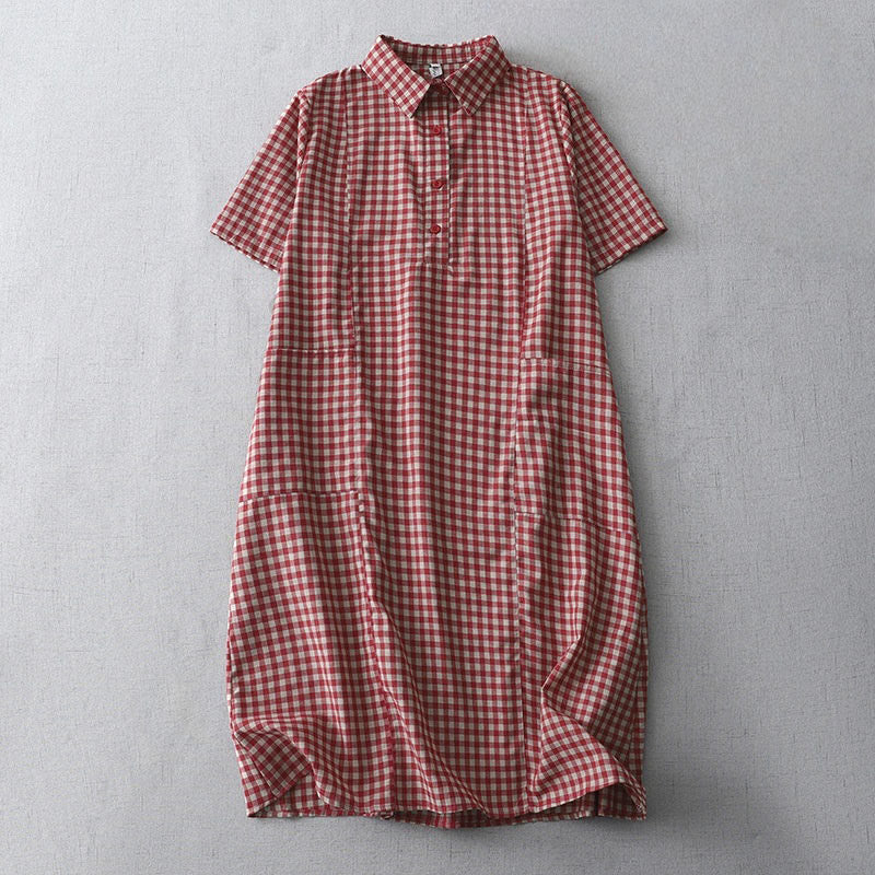 Buddha Stones Casual Vintage Plaid Pattern Lapel Short Sleeve Cotton Midi Dress With Pockets - Crimson - US8-10，UK/AU12-14，EU40-42 (2XL) - image 6