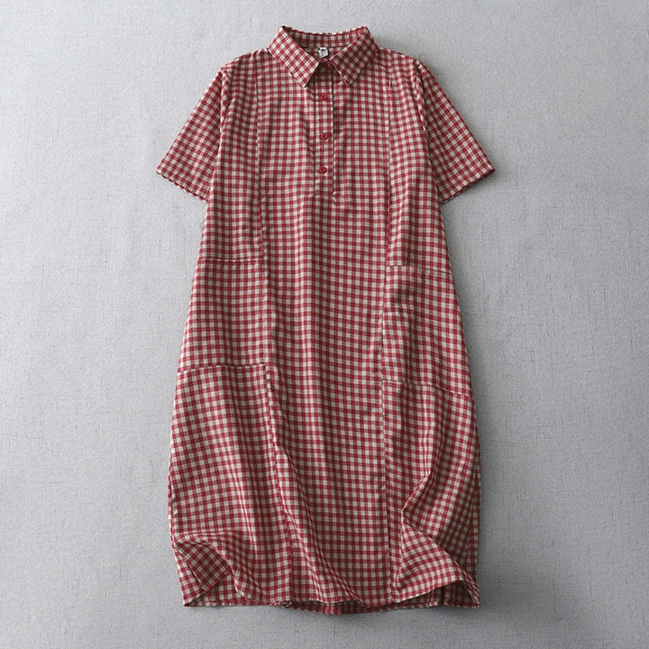 Buddha Stones Casual Vintage Plaid Pattern Lapel Short Sleeve Cotton Midi Dress With Pockets - Crimson - US8-10，UK/AU12-14，EU40-42 (2XL) - image 6