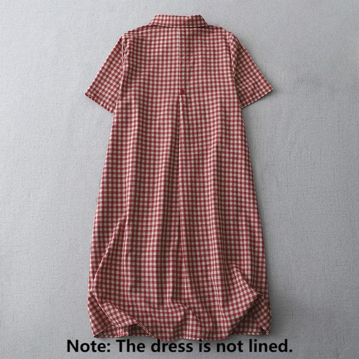 Buddha Stones Casual Vintage Plaid Pattern Lapel Short Sleeve Cotton Midi Dress With Pockets - image 7