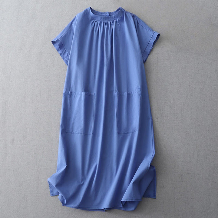 Buddha Stones Casual Pure Color Back Buttons Design Crew Neck Short Sleeve Cotton Linen Midi Dress With Pockets