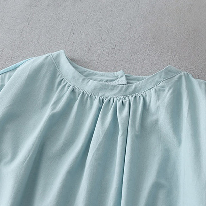 Buddha Stones Casual Pure Color Back Buttons Design Crew Neck Short Sleeve Cotton Linen Midi Dress With Pockets