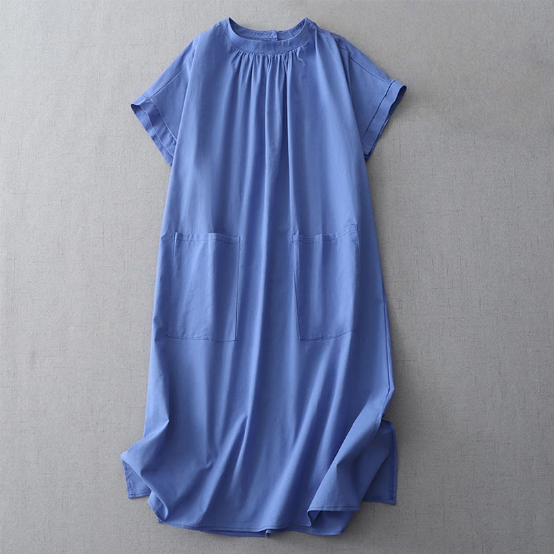 Buddha Stones Casual Pure Color Back Buttons Design Crew Neck Short Sleeve Cotton Linen Midi Dress With Pockets - RoyalBlue - US14，UK/AU18，EU46 (2XL) - image 10