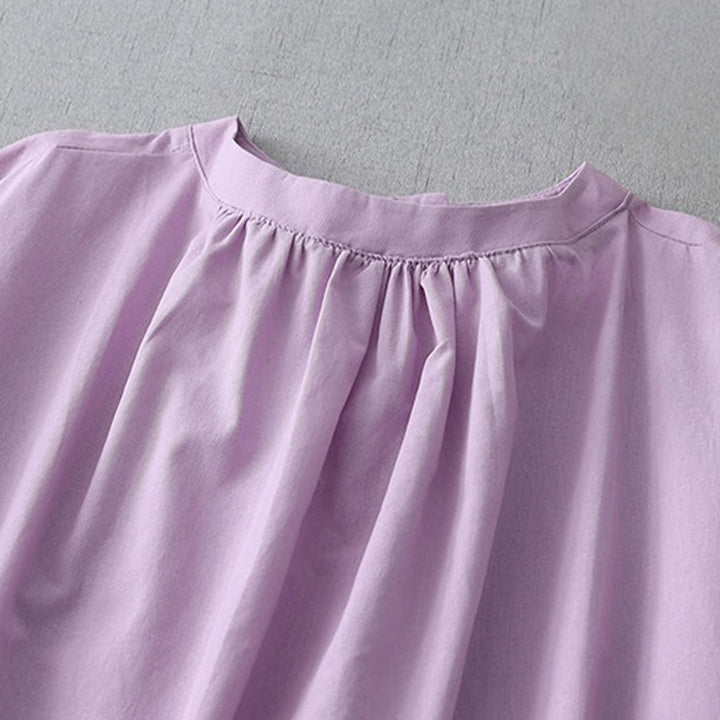 Buddha Stones Casual Pure Color Back Buttons Design Crew Neck Short Sleeve Cotton Linen Midi Dress With Pockets