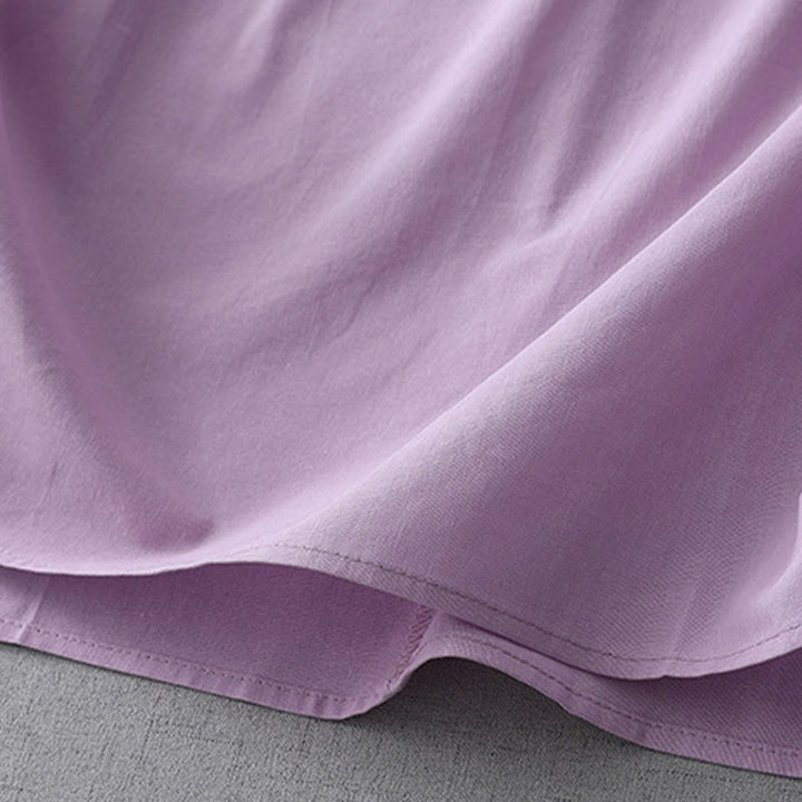 Buddha Stones Casual Pure Color Back Buttons Design Crew Neck Short Sleeve Cotton Linen Midi Dress With Pockets
