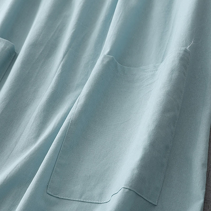 Buddha Stones Casual Pure Color Back Buttons Design Crew Neck Short Sleeve Cotton Linen Midi Dress With Pockets - image 3