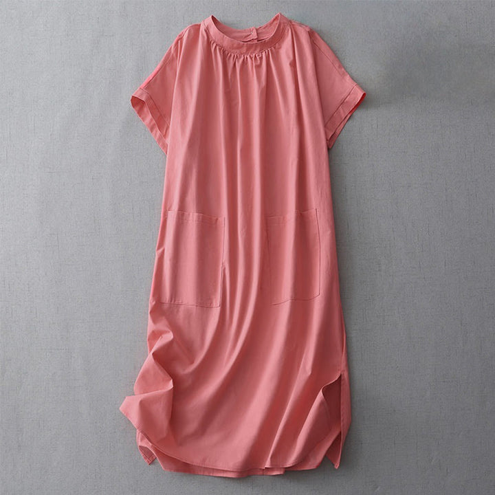 Buddha Stones Casual Pure Color Back Buttons Design Crew Neck Short Sleeve Cotton Linen Midi Dress With Pockets - Tomato - US14，UK/AU18，EU46 (2XL) - image 5