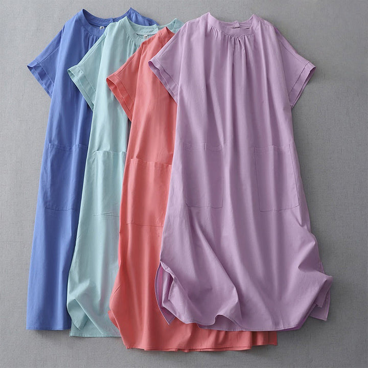 Buddha Stones Casual Pure Color Back Buttons Design Crew Neck Short Sleeve Cotton Linen Midi Dress With Pockets - image 25