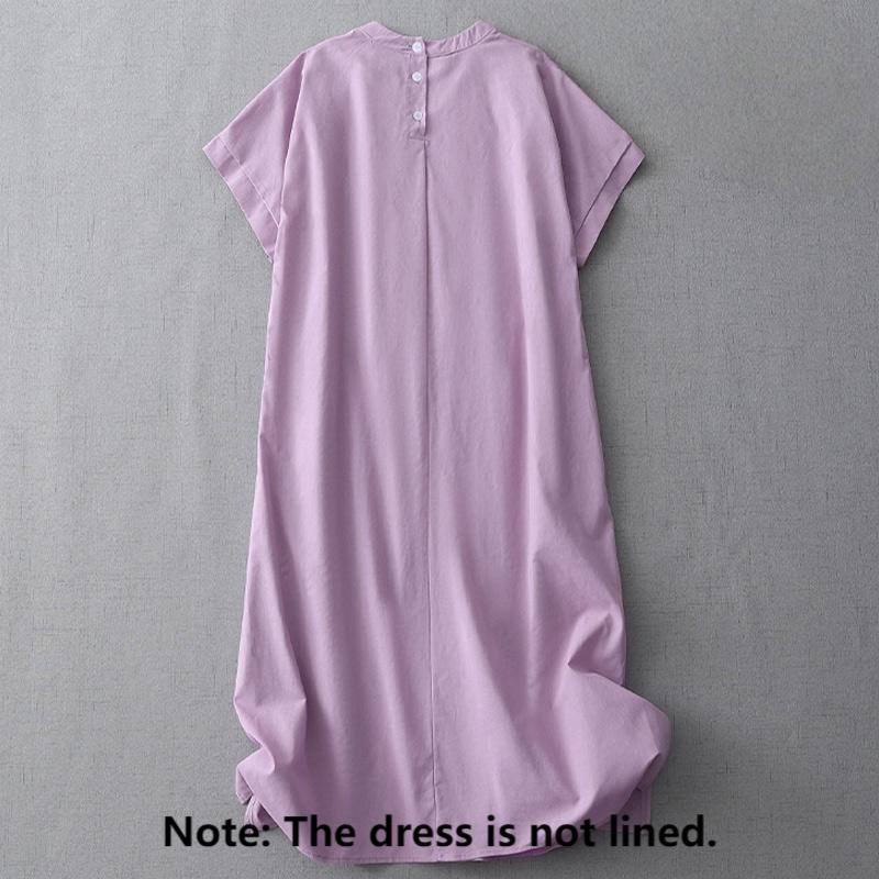 Buddha Stones Casual Pure Color Back Buttons Design Crew Neck Short Sleeve Cotton Linen Midi Dress With Pockets
