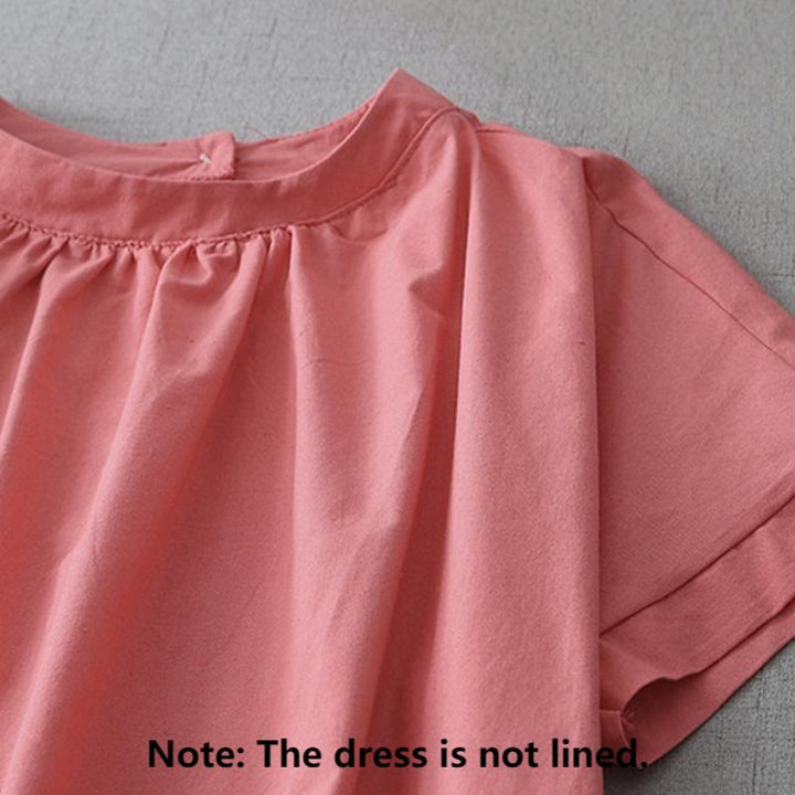 Buddha Stones Casual Pure Color Back Buttons Design Crew Neck Short Sleeve Cotton Linen Midi Dress With Pockets - image 6