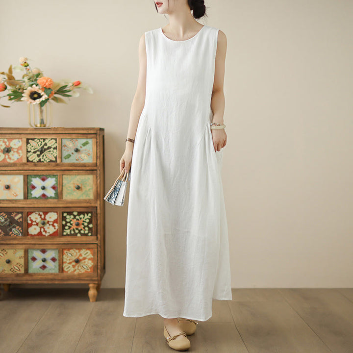 Buddha Stones FloralWhite Casual Back Buttons Design Sleeveless Cotton Midi Dress With Pockets - FloralWhite - US8-10，UK/AU12-14，EU40-42 (2XL) - image 1