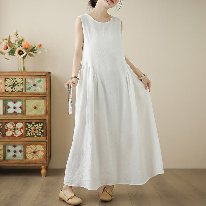 Buddha Stones FloralWhite Casual Back Buttons Design Sleeveless Cotton Midi Dress With Pockets - image 5